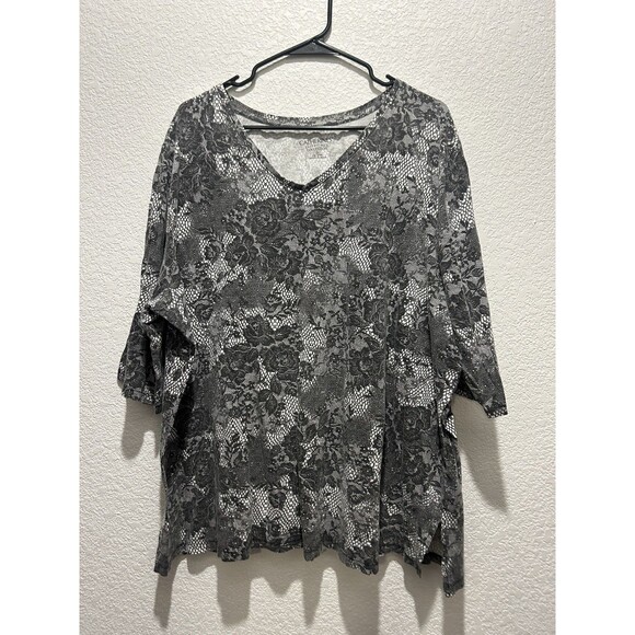 Catherines Easy Fit Tees Collection 1X 18/20W Grey Floral Short Sleeve Cotton - Picture 1 of 7